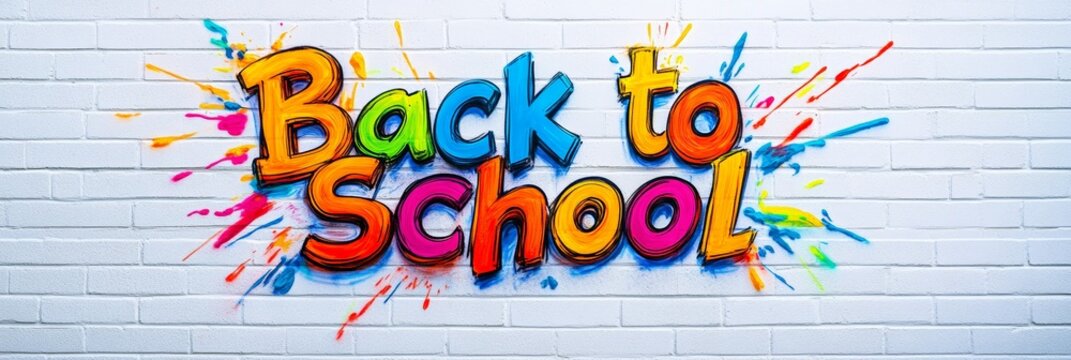 Colorful graffiti art spelling out back to school on a white brick wall, celebrating the excitement and anticipation of a new academic year
