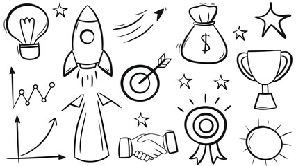 Business Success Doodle Icons &ndash; Rocket, Trophy, Target, Graph & Lightbulb