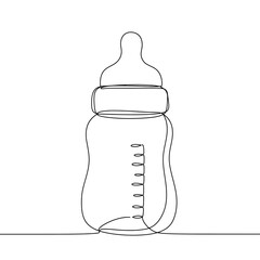 Continuous line vector of a baby bottle in minimalist style. Сonvenient essentials for kids and parents, healthy feeding, baby products shopping