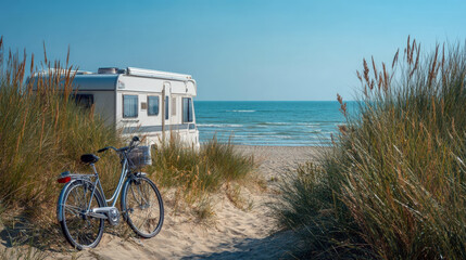 White caravan, bicycle are parked on a sandy beach path, with beach grass and dunes, with blue ocean and sky in the background. themes of summer vacation, outdoor adventure, travel, tranquil escape