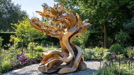 An artistic tree carving made of wood, full of natural details, placed thoughtfully in an outdoor garden setting.
