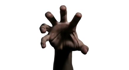Human hand reaching out from darkness with fingers spread wide in a grasping motion.