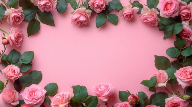 Pink roses frame on pink background creating copy space