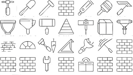 Obraz premium Bricklaying & Masonry Tools Icon Set – Line Art Construction Equipment Collection