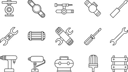 Obraz premium Workshop Tools & Machine Parts Icon Set – Industrial Line Art Equipment Collection