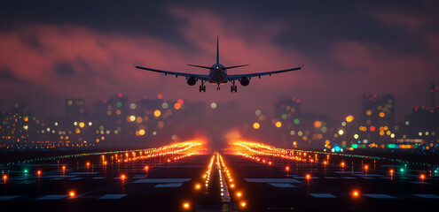 A commercial airplane taking off from an airport runway at sunset, the tarmac and the city in the background. The plane is seen against a dramatic sky with clouds, 