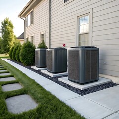 Naklejka premium Residential hvac units outside modern house clean energy outdoor air conditioning system high resolution photo