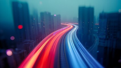 Fototapeta premium Blurry streaks of red and blue light from traffic on a highway at night