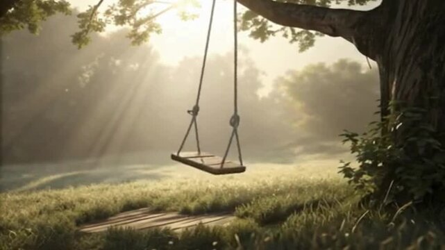 A lone swing suspended from a tree, caught in mid-motion with empty air around it.