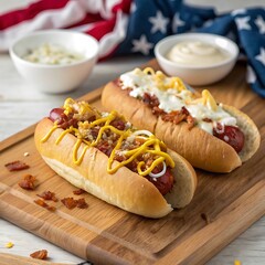 Gourmet hot dogs with toppings perfect for summer bbqs and celebrations high resolution photo