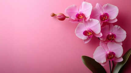 Pink orchid flowers blooming on pink background with copy space