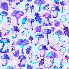 Seamless watercolor pattern, background with a picture of forest mushrooms, berries, autumn leaves, plants. lingonberry, cranberry, blueberry. Vintage illustration for a variety of designs.