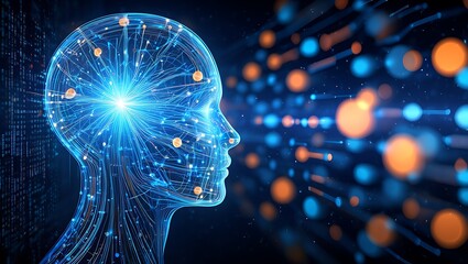 Abstract digital human head with glowing brain and data stream