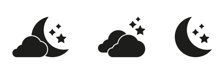 Moon, Stars, And Clouds Solid Icon Set. Nighttime Weather, Sleep, And Dream Symbol Collection. Celestial And Atmospheric Elements. Isolated Vector Illustration