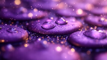 Close-up of purple, textured objects with water droplets and glitter