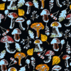 Seamless watercolor pattern, background with a picture of forest mushrooms, berries, autumn leaves, plants. lingonberry, cranberry, blueberry. Vintage illustration for a variety of designs.