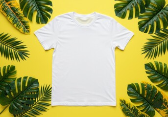 Summer flat lay of blank white t-shirt mockup on yellow background with monsterra leaves. Top-down view of t-shirt mockup, fashion blog, social media, placement, custom designs, logos, text