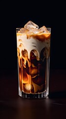 Iced coffee recipe cold brew with milk and ice cubes in glass on black background
