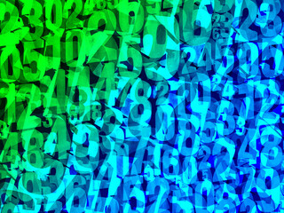blur numbers of many sizes stacked on top of each other on gradient blue and green background, business, decor, fashion, copy space