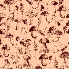 Seamless watercolor pattern, background with a picture of forest mushrooms, berries, autumn leaves, plants. lingonberry, cranberry, blueberry. Vintage illustration for a variety of designs.