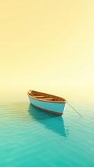 Naklejka premium A Serene Boat Rides in Calm Water, Under a Soft Yellow Sky, Providing a Peaceful View