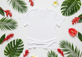 Flat lay mockup with blank white t-shirt framed by green tropical leaves, monstera, palm fronds, exotic flowers. Top-down view for custom apparel design, branding, logo, social media