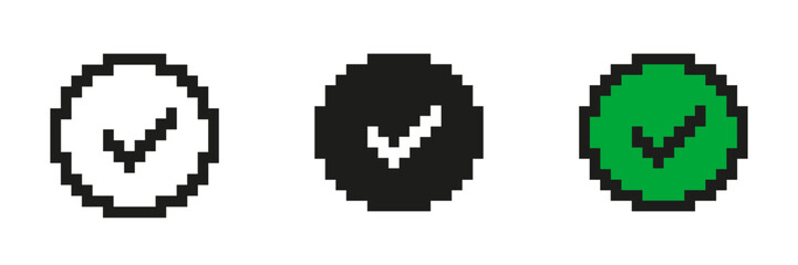 Pixel Art Checkmark In Circle Icon Set. Pixelated Checkmark Inside, Symbol Of Approval Or Completion. Isolated Vector Illustration
