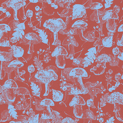 Seamless watercolor pattern, background with a picture of forest mushrooms, berries, autumn leaves, plants. lingonberry, cranberry, blueberry. Vintage illustration for a variety of designs.