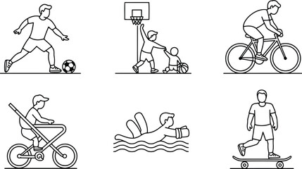 Line Art Illustrations of Active Pursuits: Sports, Recreation, and Family Fun in Simple Style