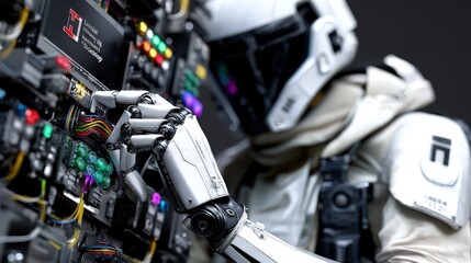 Futuristic robot adjusting wiring on high-tech control panel in dark environment
