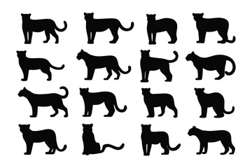 Collection of stylized black silhouette lions standing proudly in various poses on a white background