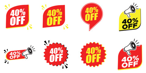 40% Off Sticker Set – 40% Off Discount Labels with Megaphone Icons for Promotions