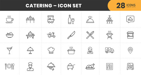 Catering Icon Set – 28 Clean Line Icons Featuring Food Service, Chef, Buffet, Delivery, Table Setting, Cooking, Food Truck, Menu, Drinks and Event Catering – Vector Illustrations for Hospitality.
