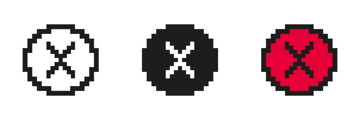 Pixel Art Cross In Circle Icon Set. Pixelated Cross Inside Circle, Symbol Of Cancellation Or Rejection. Isolated Vector Illustration
