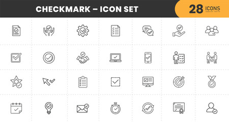 Checkmark Icon Set – 28 Minimal Line Icons for Tasks, Approvals, Verification, Productivity, Goal Setting, Success, Business Workflow, and To-Do Lists – Clean Vector Graphics for Web and Apps

