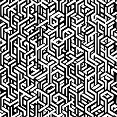 Abstract geometric pattern with black and white interlocking shapes creating a maze like structure