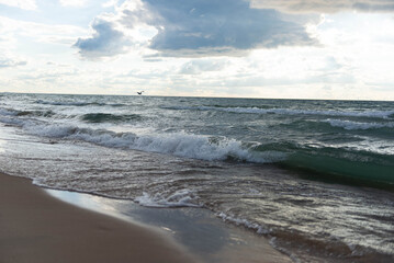 Dramatic waves crashing on the shore of Lake Michigan with a bird flying above. Scenic natural view of water, wind, and freedom. Ideal for travel and nature backgrounds.