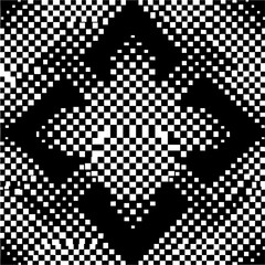 Abstract monochrome pattern featuring checkerboard design with geometric shapes and visual complexity