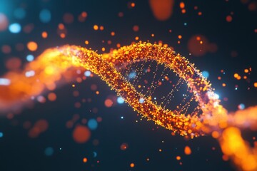 Visual representation of data processing over a DNA strand on a dark background with glowing particles, data processing over dna strand on black background