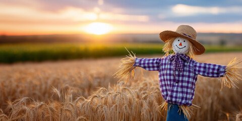 A cheerful scarecrow stands in a wheat field with a warm sunset in the background. It wears a straw hat and a plaid shirt, appearing welcoming and ready for the harvest