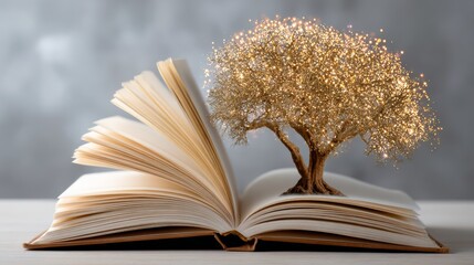 Book is open to a page with a tree on it. The tree is illuminated by a light source, creating a warm and inviting atmosphere. Concept of wonder and curiosity