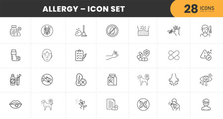 Allergy Icon Set – 28 Medical Line Icons Featuring Symptoms, Triggers, Skin Reactions, Dust, Pollen, Medication, Pets, Asthma, and Immune Response – Clean Minimal Vector Graphics for Healthcare Use.
