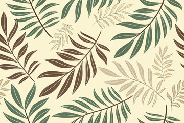 Fototapeta premium Botanical pattern featuring a variety of fern fronds in shades of green brown and beige on a light background