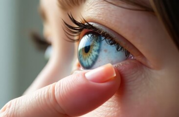 Girl putting on soft contact lens close up, holding contact lens near eye