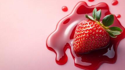 Ripe strawberry dipped in red syrup on pink background