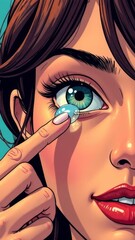 Girl putting on soft contact lens close up, holding contact lens near eye