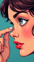 Girl putting on soft contact lens close up, holding contact lens near eye