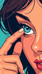 Girl putting on soft contact lens close up, holding contact lens near eye