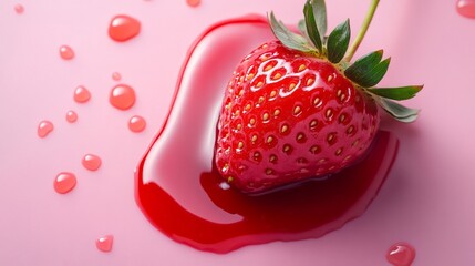 Ripe strawberry dipped in red sweet syrup on pink background