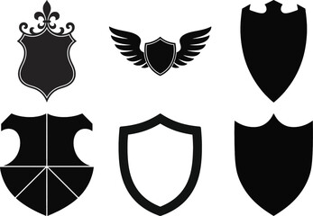Shield silhouette vector set, black isolated shield, wing, and ornament collection for security, protection, and design